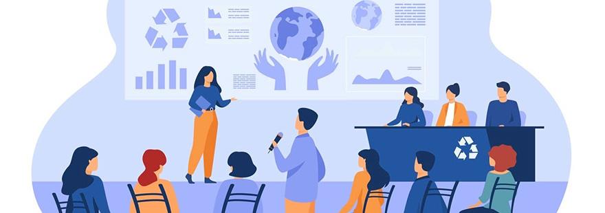 Illustration of a person giving a presentation on sustainability